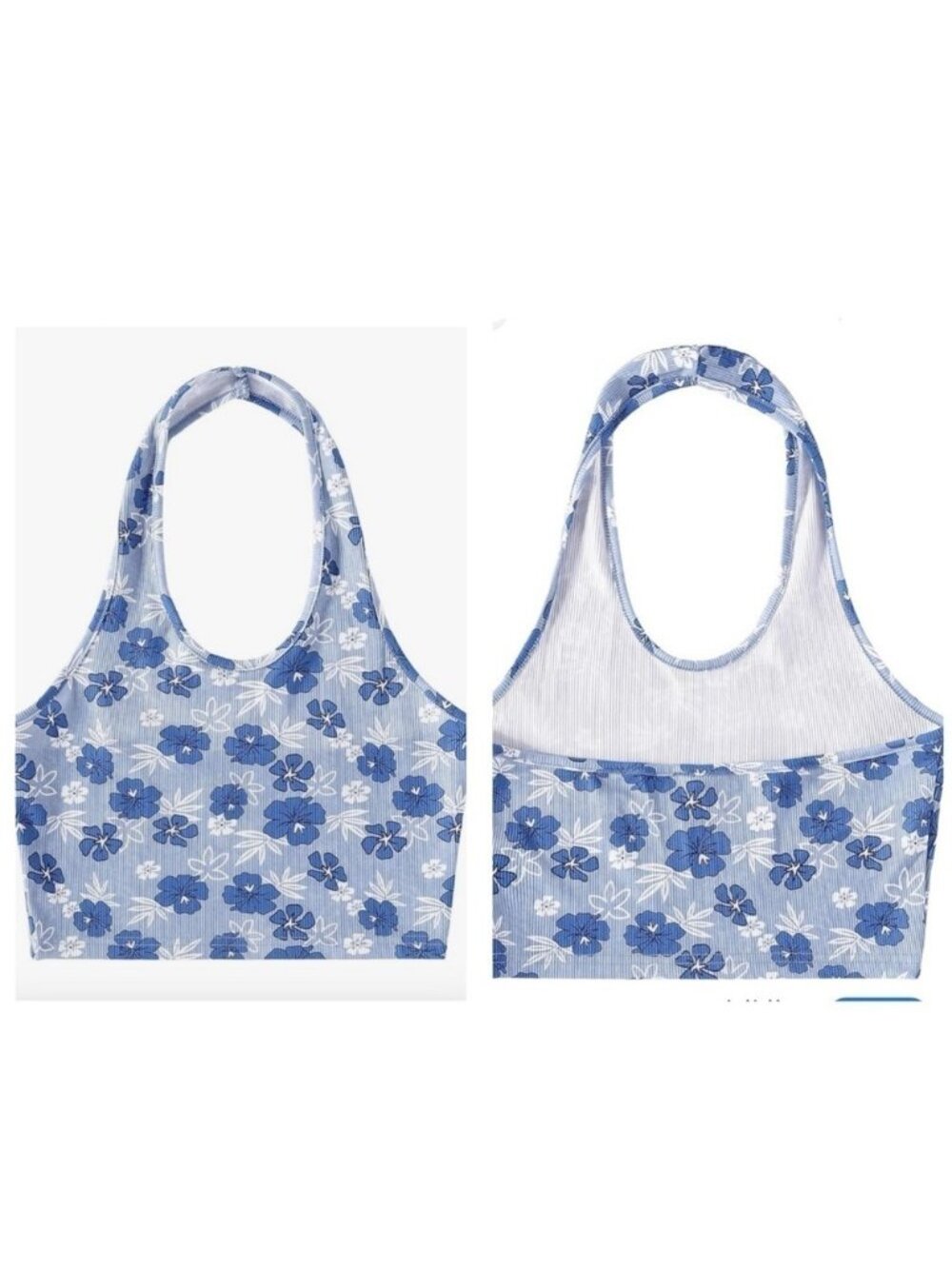 * Floral Knit Ribbed Halter Top Size 8 Blue White - Picture 3 of 7